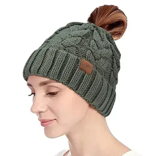 Rosoz Ponytail Beanie for Women,Winter Warm Beanie Tail Soft Stretch Cable Knit Messy High Bun Hat - ROSOZ (1)