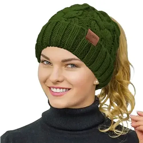 Rosoz Ponytail Beanie for Women,Winter Warm Beanie Tail Soft Stretch Cable Knit Messy High Bun Hat - ROSOZ