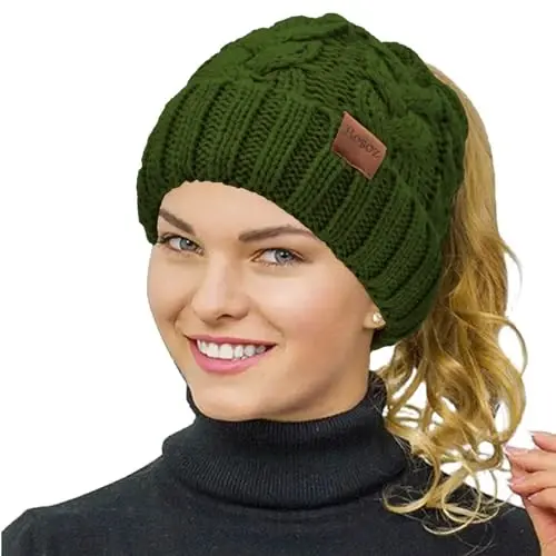 Rosoz Ponytail Beanie for Women,Winter Warm Beanie Tail Soft Stretch Cable Knit Messy High Bun Hat - 1