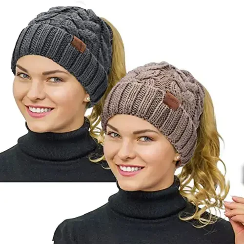 Rosoz Ponytail Beanie for Women,Winter Warm Beanie Tail Soft Stretch Cable Knit Messy High Bun Hat 