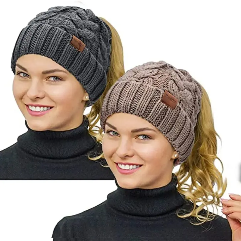 Rosoz Ponytail Beanie for Women,Winter Warm Beanie Tail Soft Stretch Cable Knit Messy High Bun Hat - 1