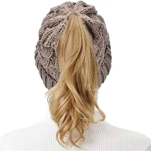 Rosoz Ponytail Beanie for Women,Winter Warm Beanie Tail Soft Stretch Cable Knit Messy High Bun Hat - 7