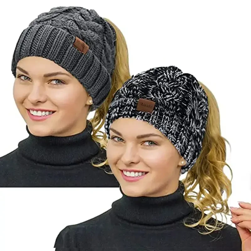 Rosoz Ponytail Beanie for Women,Winter Warm Beanie Tail Soft Stretch Cable Knit Messy High Bun Hat - ROSOZ