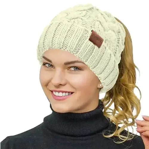 Rosoz Ponytail Beanie for Women,Winter Warm Beanie Tail Soft Stretch Cable Knit Messy High Bun Hat 