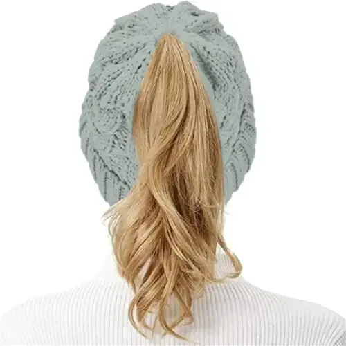 Rosoz Ponytail Beanie for Women,Winter Warm Beanie Tail Soft Stretch Cable Knit Messy High Bun Hat - 7