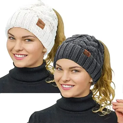 Rosoz Ponytail Beanie for Women,Winter Warm Beanie Tail Soft Stretch Cable Knit Messy High Bun Hat 