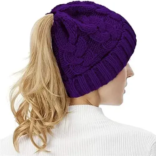 Rosoz Ponytail Beanie for Women,Winter Warm Beanie Tail Soft Stretch Cable Knit Messy High Bun Hat - 6