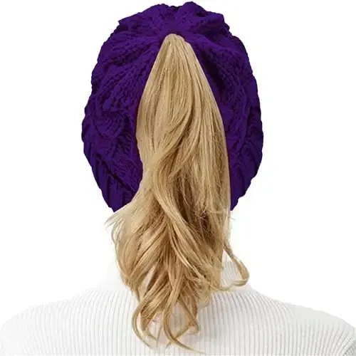 Rosoz Ponytail Beanie for Women,Winter Warm Beanie Tail Soft Stretch Cable Knit Messy High Bun Hat - 7