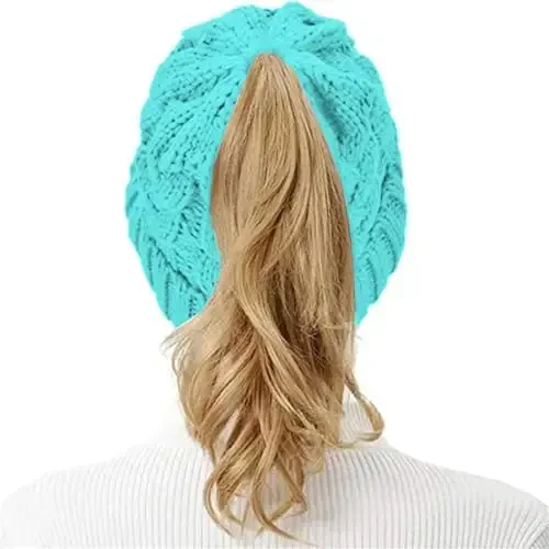 Rosoz Ponytail Beanie for Women,Winter Warm Beanie Tail Soft Stretch Cable Knit Messy High Bun Hat - 7