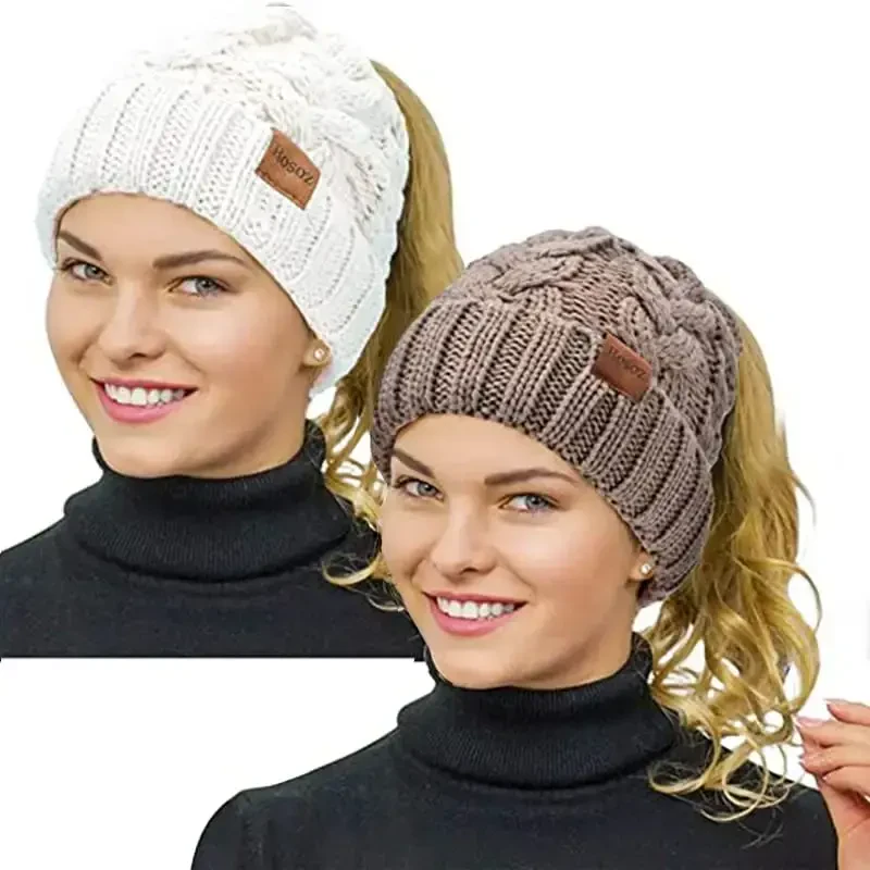 Rosoz Ponytail Beanie for Women,Winter Warm Beanie Tail Soft Stretch Cable Knit Messy High Bun Hat - 1