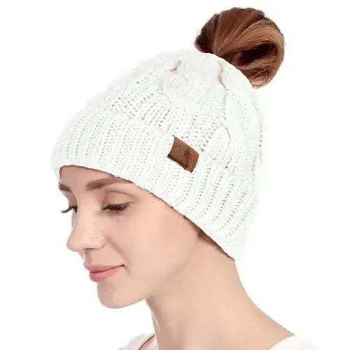 Rosoz Ponytail Beanie for Women,Winter Warm Beanie Tail Soft Stretch Cable Knit Messy High Bun Hat - 2