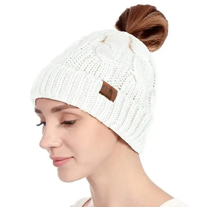 Rosoz Ponytail Beanie for Women,Winter Warm Beanie Tail Soft Stretch Cable Knit Messy High Bun Hat - 2