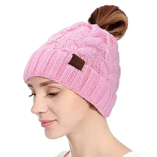 Rosoz Ponytail Beanie for Women,Winter Warm Beanie Tail Soft Stretch Cable Knit Messy High Bun Hat - ROSOZ (1)