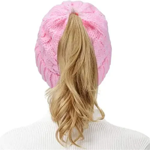Rosoz Ponytail Beanie for Women,Winter Warm Beanie Tail Soft Stretch Cable Knit Messy High Bun Hat - 7