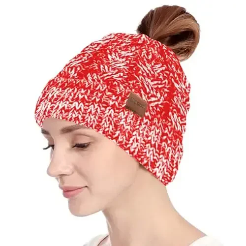 Rosoz Ponytail Beanie for Women,Winter Warm Beanie Tail Soft Stretch Cable Knit Messy High Bun Hat - 2