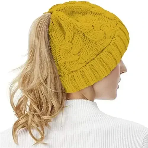 Rosoz Ponytail Beanie for Women,Winter Warm Beanie Tail Soft Stretch Cable Knit Messy High Bun Hat - 6