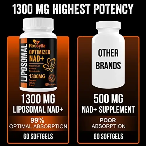 Rossylla 1300 MG Liposomal NAD+ qo'shimchasi | Eng yuqori assimilyatsiya | Sof NAD qo'shimchasi NAD+ni samarali oshirish uchun | Qarishga qarshi, hujayra energiyasi, uzoq umr ko'rish uchun NAD+ qo'shimchasini kuchaytirish | 480 dona - 4