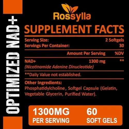 Rossylla 1300 MG Liposomal NAD+ qo'shimchasi | Eng yuqori so'rilish | NADni samarali oshirish uchun eng toza NAD qo'shimchasi | Qarishga qarshi, hujayra energiyasi, uzoq umr ko'rish uchun NAD+ni kuchaytiruvchi qo'shimcha | 60 dona - 2