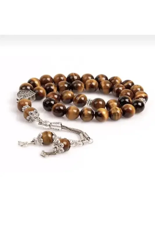 Round Cut 8 Mm Tiger's Eye Rosary in Special Wooden Box-BROWN - 2