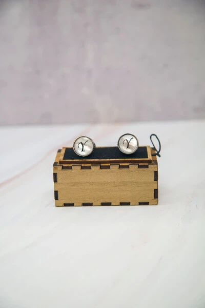 Round Letter Cufflinks with Wooden Box Y Letter - 6
