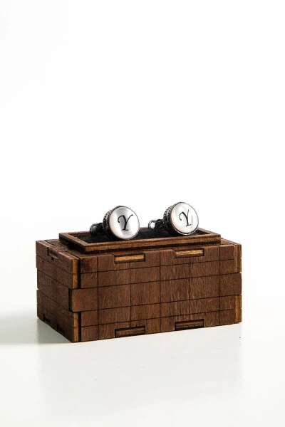 Round Letter Cufflinks with Wooden Box Y Letter - 8