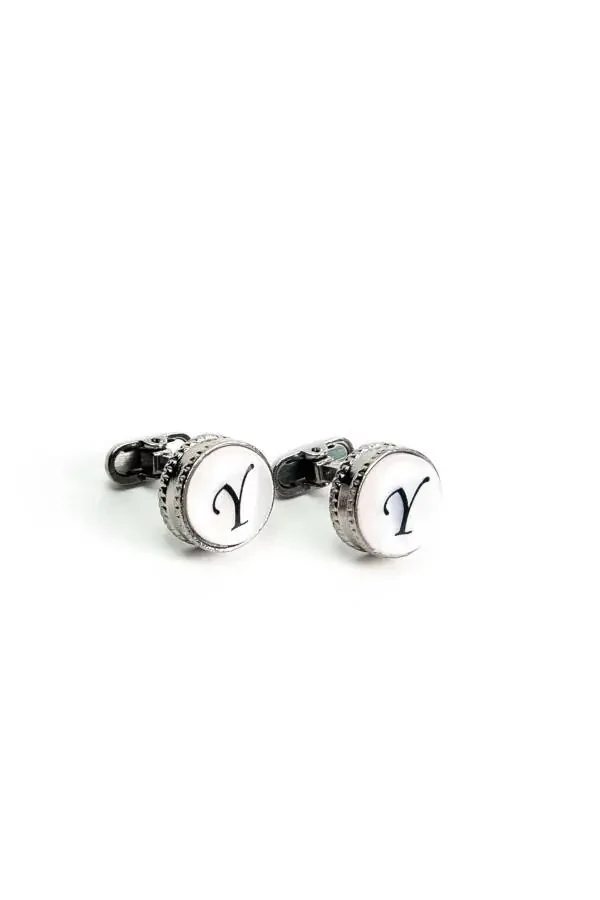 Round Letter Cufflinks with Wooden Box Y Letter - 1