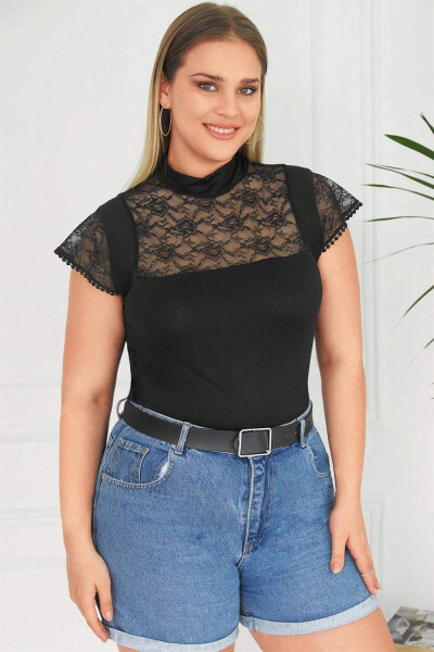 Round Neck Lace Plus Size Blouse Black - 1