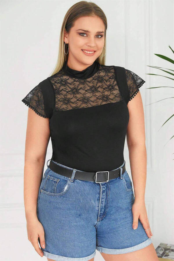 Round Neck Lace Plus Size Blouse Black - 1