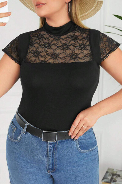 Round Neck Lace Plus Size Blouse Black - 2