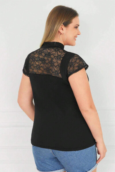 Round Neck Lace Plus Size Blouse Black - 4