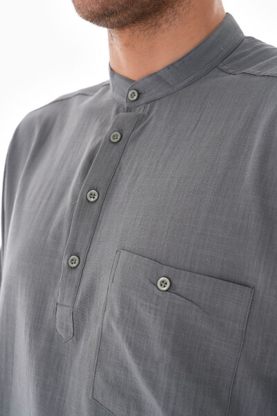 Round Neck Linen Shirt Half Buttoned for Hajj and Umrah - BESEDU (1)
