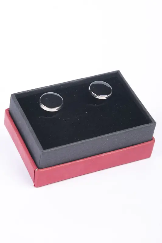 Round Shaped Cufflinks with Shiny Black Stones - BAYEFENDİ