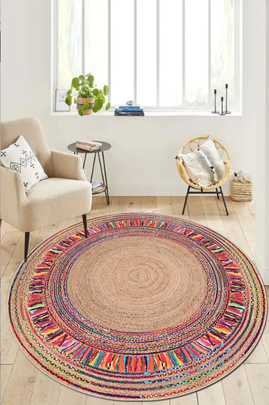 Round Woven Pattern Digital Printing Washable Non-Slip Base Living Room Kitchen Balcony Bathroom Rug - 2
