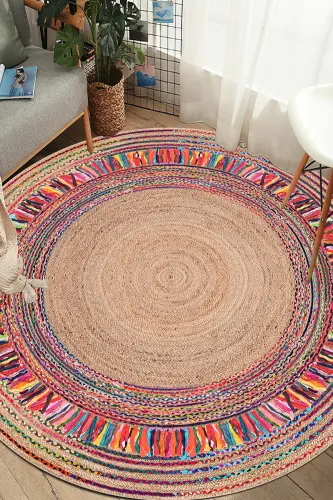 Round Woven Pattern Digital Printing Washable Non-Slip Base Living Room Kitchen Balcony Bathroom Rug - 3