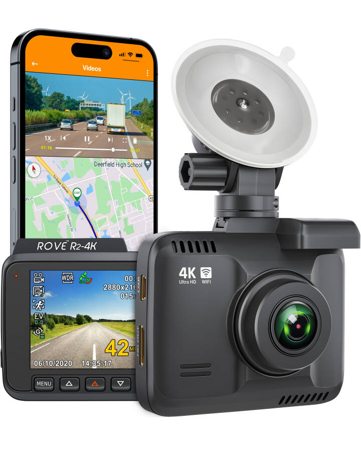 Rove R2-4K Avtomobil uchun Dash Kamera - UHD 2160P, 2,4 dyuymli LCD Displey, 150° Keng Burchakli, WDR, Tungi Ko'rish va O'rnatilgan WiFi GPS bilan Mashina Pano Kamera Rekordyeri - 1