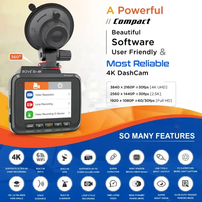 Rove R2-4K Avtomobil uchun Dash Kamera - UHD 2160P, 2,4 dyuymli LCD Displey, 150° Keng Burchakli, WDR, Tungi Ko'rish va O'rnatilgan WiFi GPS bilan Mashina Pano Kamera Rekordyeri - 2