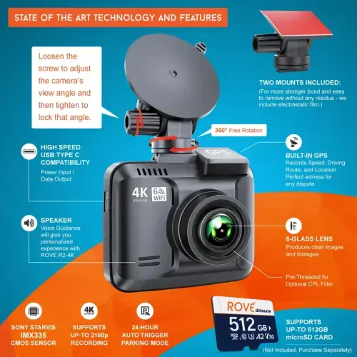 Rove R2-4K Avtomobil uchun Dash Kamera - UHD 2160P, 2,4 dyuymli LCD Displey, 150° Keng Burchakli, WDR, Tungi Ko'rish va O'rnatilgan WiFi GPS bilan Mashina Pano Kamera Rekordyeri - 3