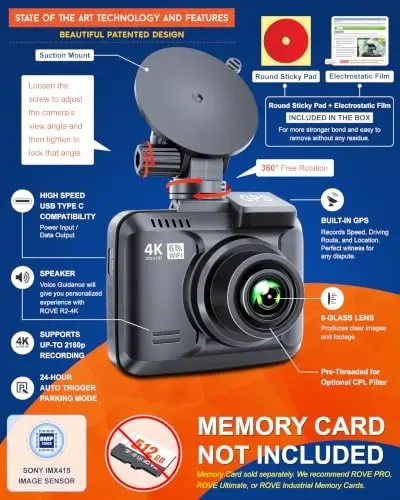 ROVE R2-4K Dash Cam Built-in WiFi GPS Car Dashboard Camera Recorder with UHD 2160P, 2.4