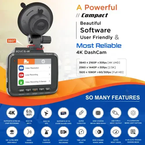 Rove R2-4K Dash Cam для автомобиля - Встроенный GPS-приёмник и WiFi-модуль, видеорегистратор с камерой на панель приборов, разрешение записи UHD 2160P, ЖК-экран 2,4 дюйма, широкоугольный объектив 150°, широкий динамический диапазон, ночное видение - ROVE (1)
