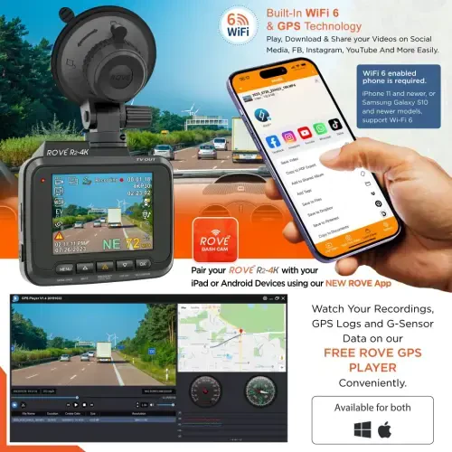 Rove R2-4K Dash Cam for Car - Built-in WiFi GPS Car Dashboard Camera Recorder with UHD 2160P, 2.4