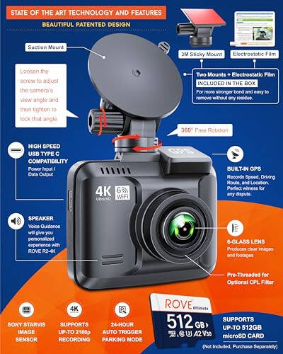 ROVE R2-4K ichki Wi-Fi GPS avtomobil paneli kamerasi yozuvchisi UHD 2160P, 2.4'' IPS ekran, 150° keng burchak, WDR, tungi ko'rish - 3