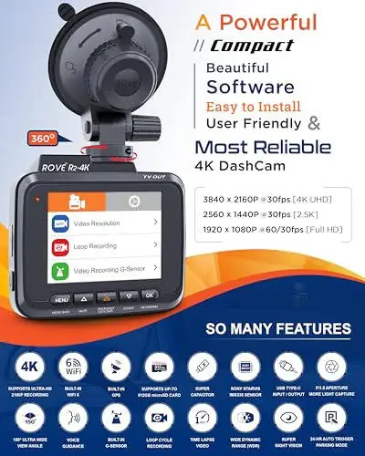ROVE R2-4K ichki Wi-Fi GPS avtomobil paneli kamerasi yozuvchisi UHD 2160P, 2.4'' IPS ekran, 150° keng burchak, WDR, tungi ko'rish - 5