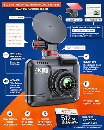 ROVE R2-4K ichki Wi-Fi GPS avtomobil paneli kamerasi yozuvchisi UHD 2160P, 2.4'' IPS ekran, 150° keng burchak, WDR, tungi ko'rish - 6