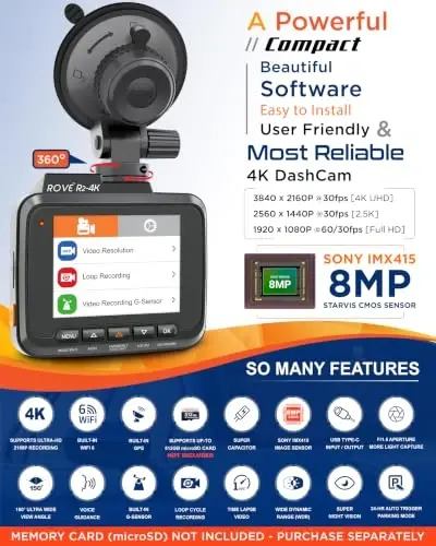 ROVE R2-4K ichki Wi-Fi GPS avtomobil paneli kamerasi yozuvchisi UHD 2160P, 2.4'' IPS ekran, 150° keng burchak, WDR, tungi ko'rish - 2