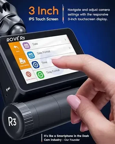 ROVE R3 Oldingi va Orqa Kamerali Salon bilan Dash Cam, 3” IPS Teginish Ekrani, 3 Kanal Dash Cam 1440P+1080P+1080P Avtomobil Kamerasi IR Kechasi Ko'rish, 5G WiFi, GPS, Superkondensator, 512GB gacha qo'llab-quvvatlaydi - 5