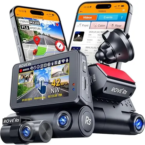 ROVE R3 Dash Cam Front and Rear with Cabin, 3” IPS Touch Screen, 3 Channel Dash Cam 1440P+1080P+1080P, IR Night Vision, 5GHz WiFi, Up to 30MB/s Download Speed, Quad-Mode GPS, Supports 512GB Max - 1