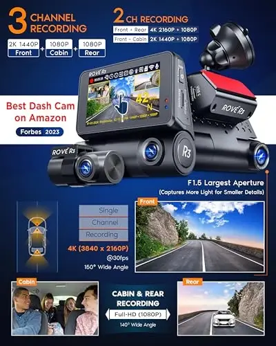 ROVE R3 Dash Cam Front and Rear with Cabin, 3” IPS Touch Screen, 3 Channel Dash Cam 1440P+1080P+1080P, IR Night Vision, 5GHz WiFi, Up to 30MB/s Download Speed, Quad-Mode GPS, Supports 512GB Max - 2