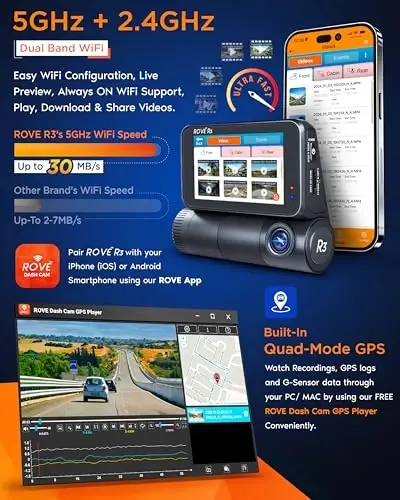 ROVE R3 Dash Cam Front and Rear with Cabin, 3” IPS Touch Screen, 3 Channel Dash Cam 1440P+1080P+1080P, IR Night Vision, 5GHz WiFi, Up to 30MB/s Download Speed, Quad-Mode GPS, Supports 512GB Max - 3