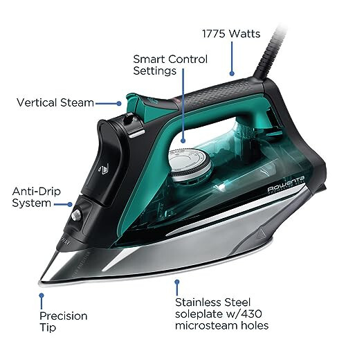 Rowenta, Iron, Pro Master Stainless Steel Soleplate Steam Iron for Clothes, 210 g/min, 400 Microsteam Holes, 1775 Watts, Auto-Off, Ironing, Green Clothes Iron, DW8360 - 13