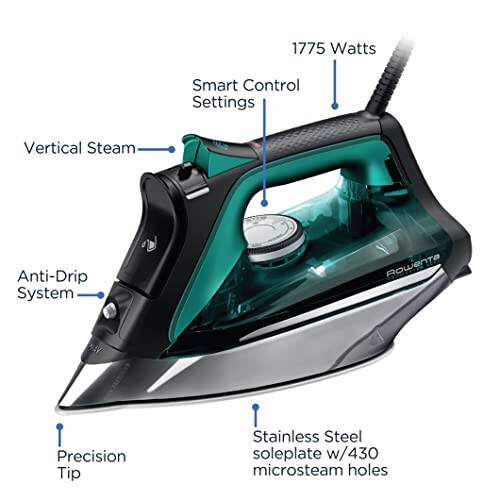 Rowenta, Iron, Pro Master Stainless Steel Soleplate Steam Iron for Clothes, 210 g/min, 400 Microsteam Holes, 1775 Watts, Auto-Off, Ironing, Green Clothes Iron, DW8360 - 6